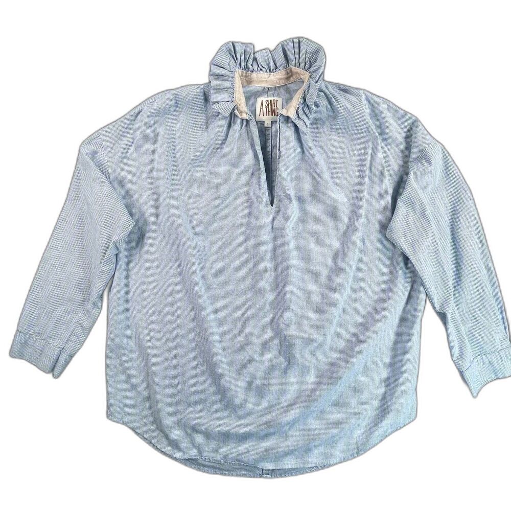 A Shirt Thing Penelope Blue Micro Check Ruffle Neck Popover Blouse Small Coastal